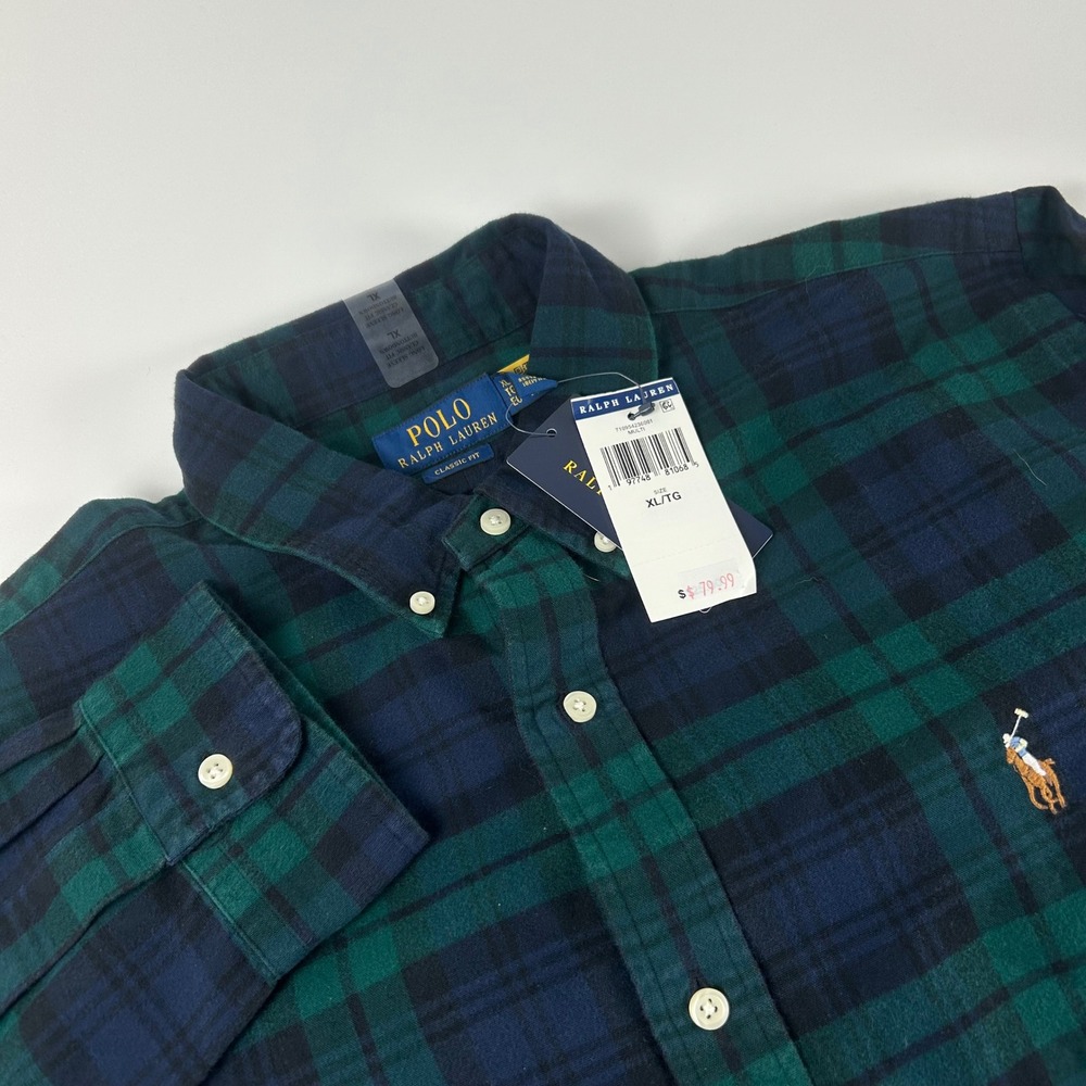 Polo Ralph Lauren Mens XL Green Blue Plaid Classic Fit Long Sleeve Flannel NWT